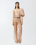 Tan wide leg organza and linen trousers