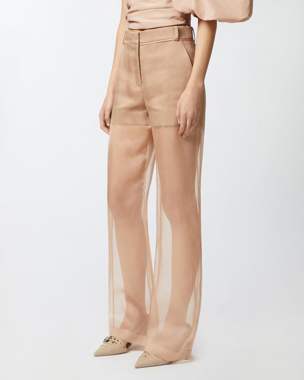 Tan wide leg organza and linen trousers