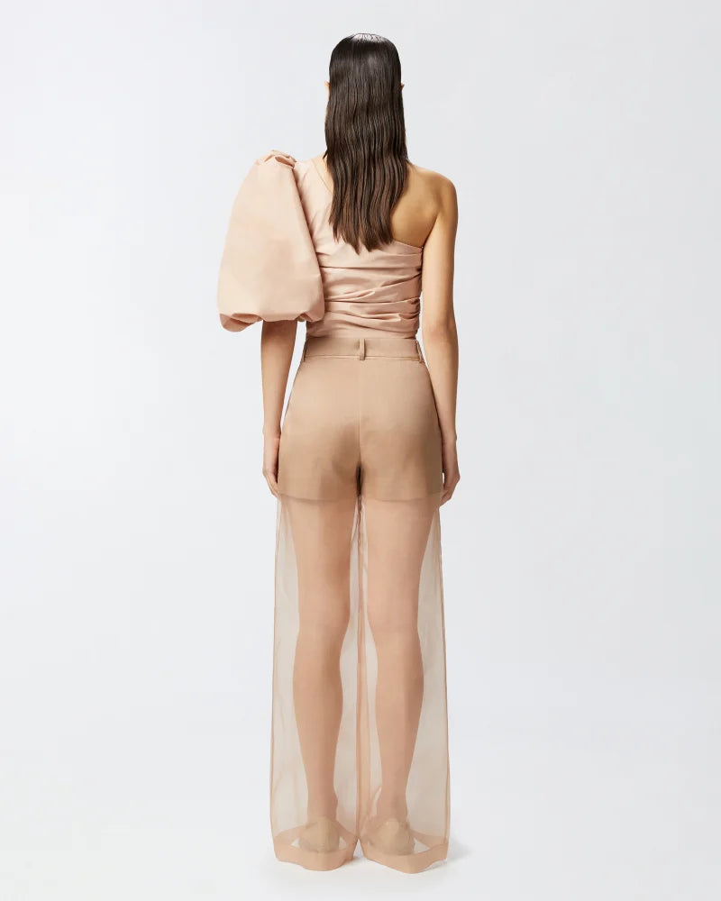 Tan wide leg organza and linen trousers