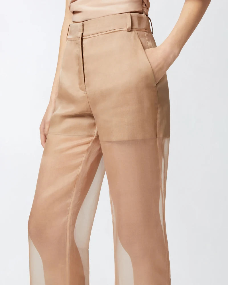 Tan wide leg organza and linen trousers