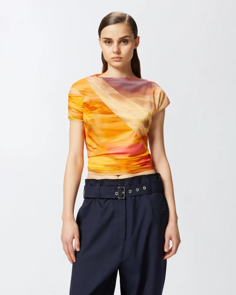 Orange sunset asymmetrical mesh top