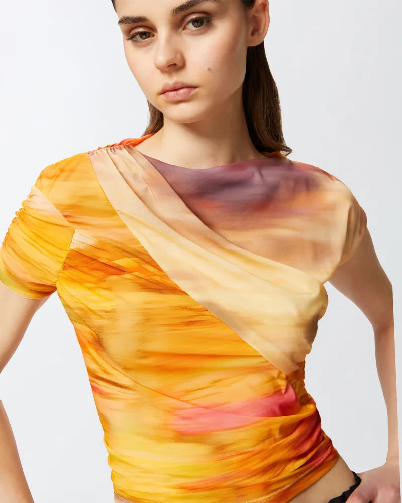 Orange sunset asymmetrical mesh top