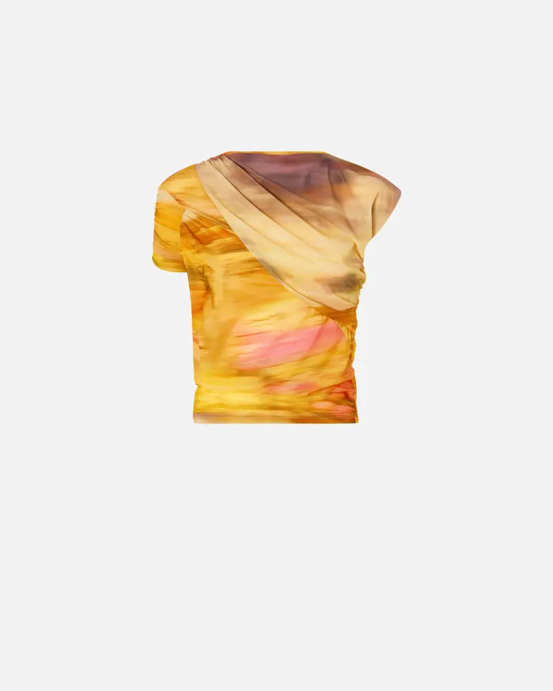 Orange sunset asymmetrical mesh top