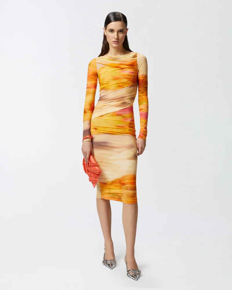 Orange sunset mesh bodycon midi dress