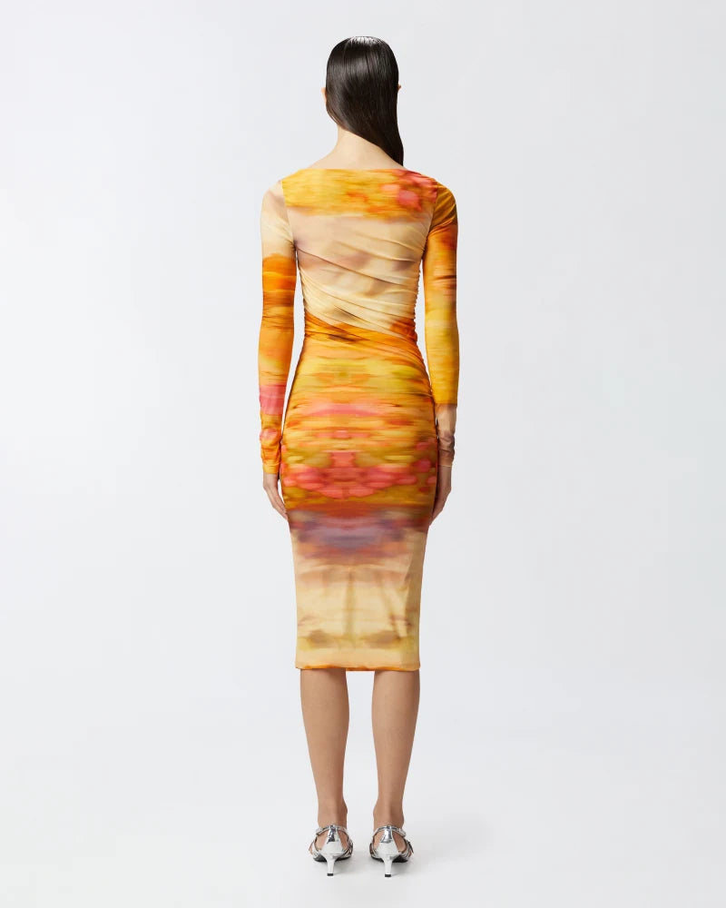 Orange sunset mesh bodycon midi dress