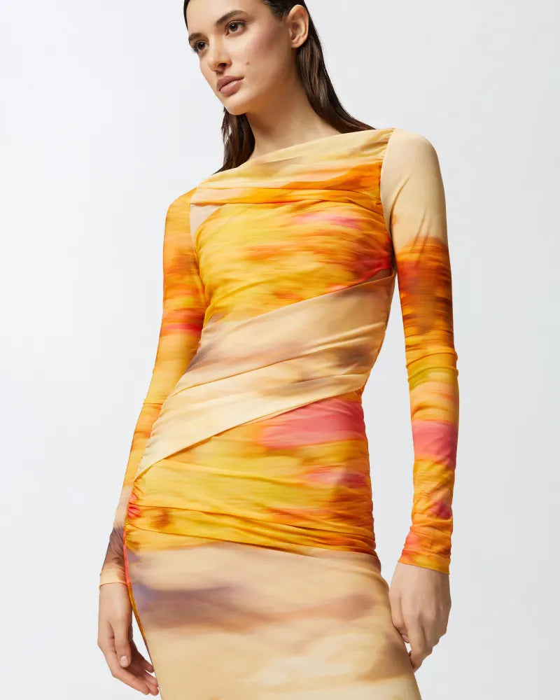 Orange sunset mesh bodycon midi dress