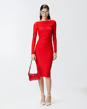 Red mesh long sleeve  crossover detailed midi dress