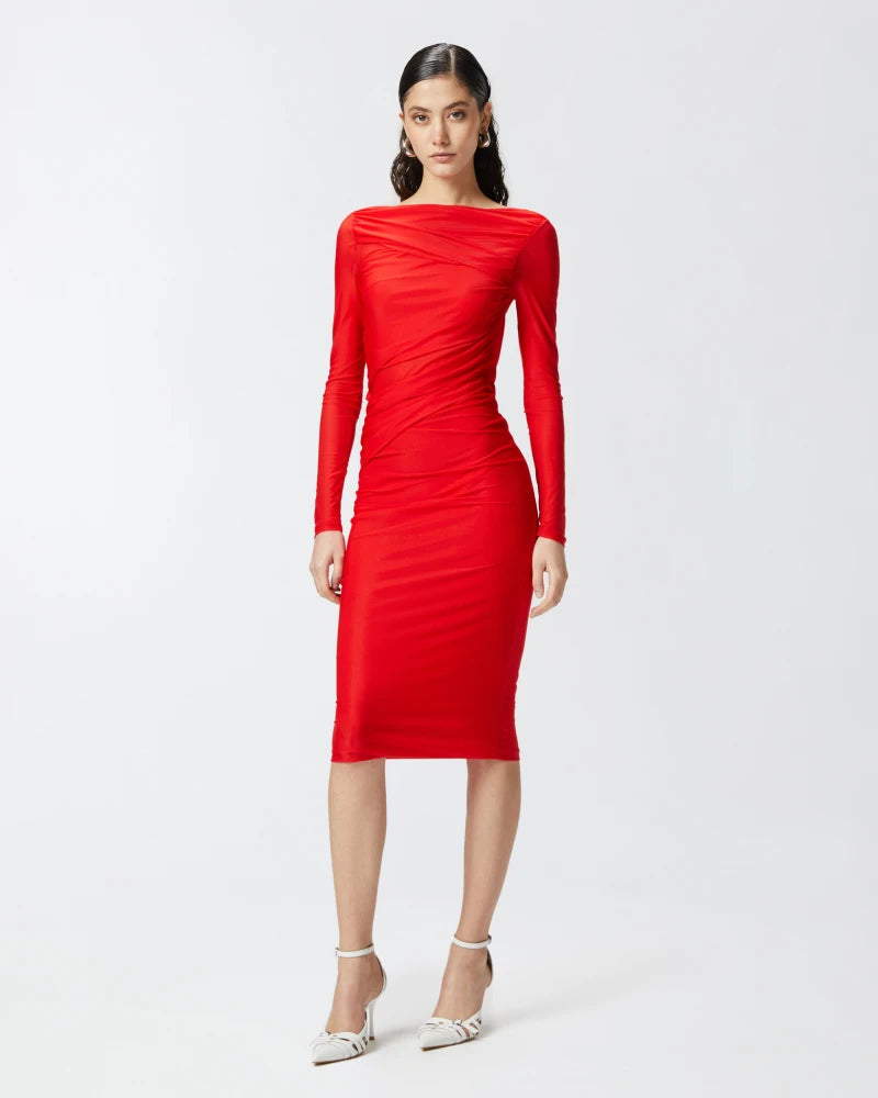 red mesh dress long sleeve Tamara V-Neckline Ruched Long Sleeve Lace Mesh Dress Red