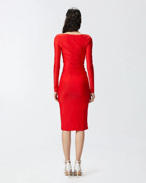 Red mesh long sleeve  crossover detailed midi dress