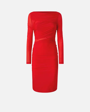 Red mesh long sleeve  crossover detailed midi dress