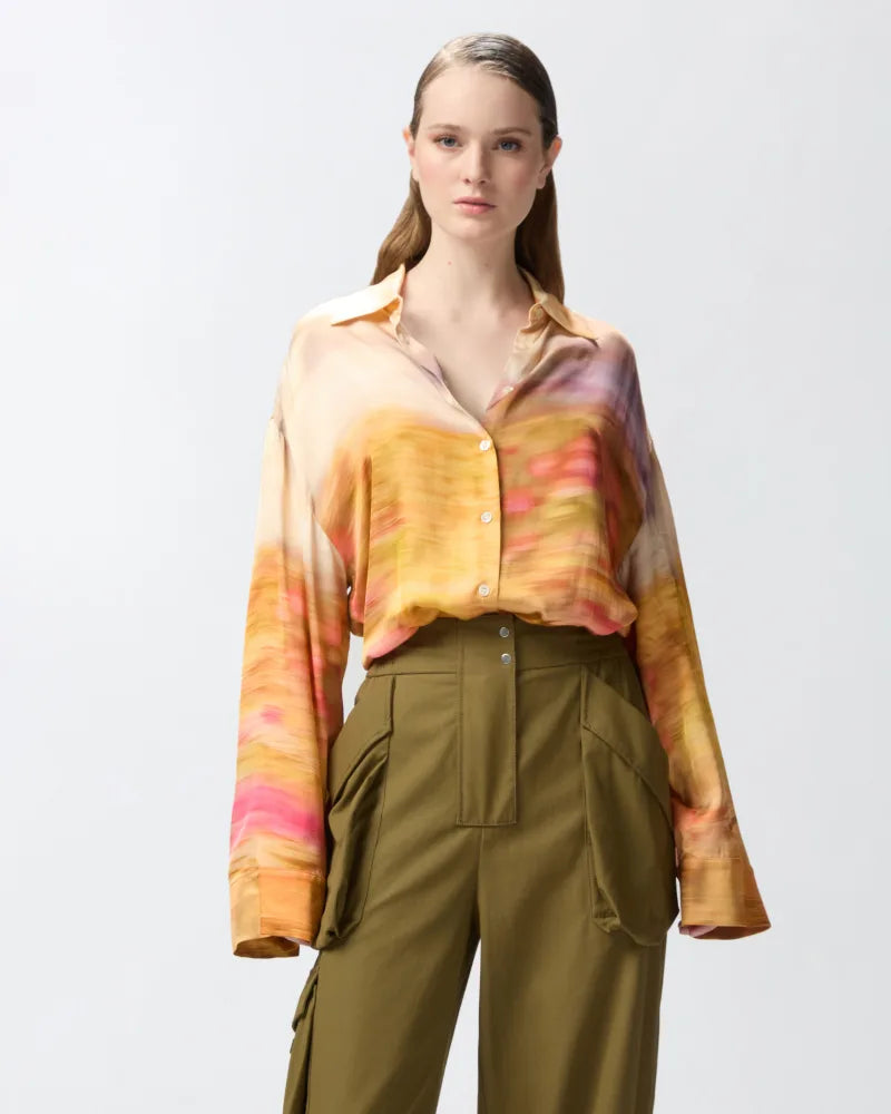 Orange sunset satin long sleeve shirt