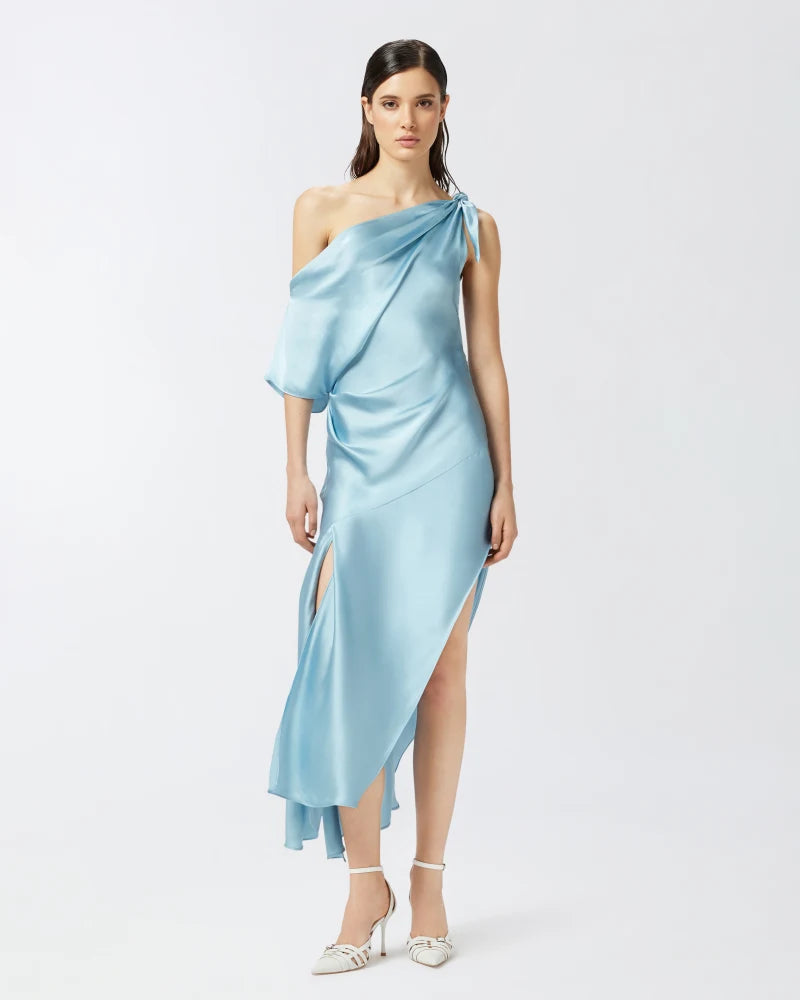 blue satin asymmetric dress Light Blue Satin Dress - Satin Midi Dress - Asymmetrical Dress