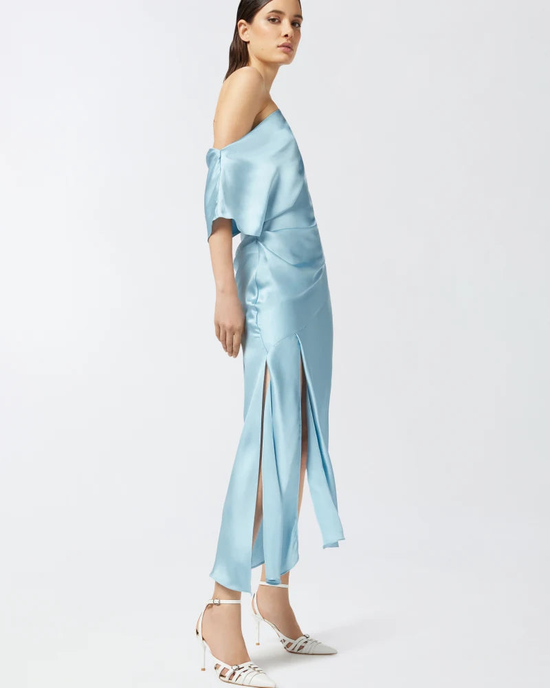 Baby blue satin asymmetric dress
