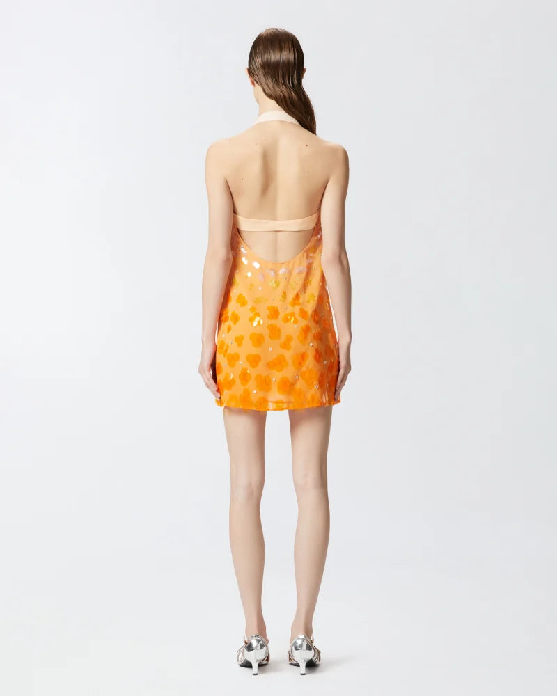 Orange ombre sequins mini dress with open back