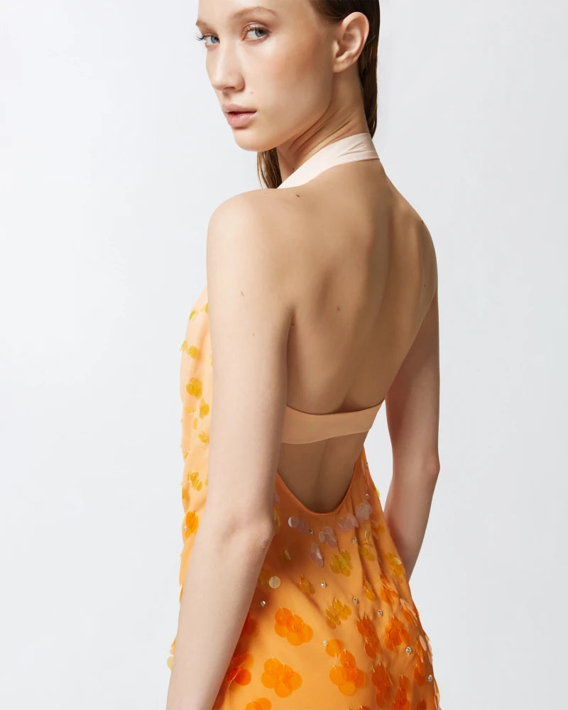 Orange ombre sequins mini dress with open back