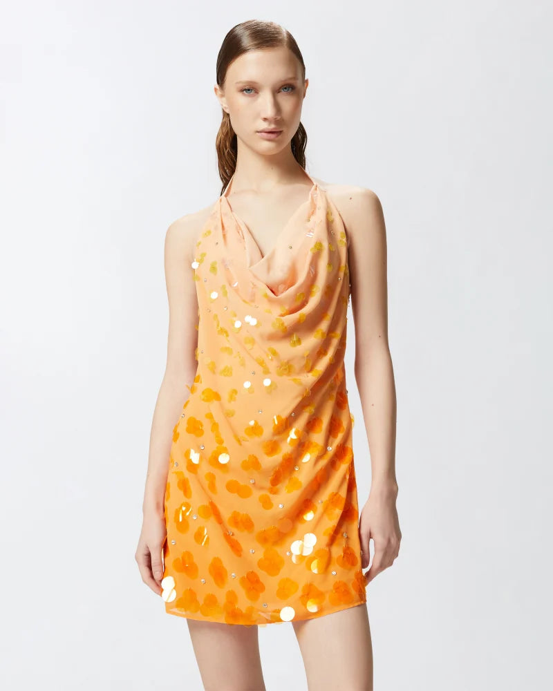 Orange ombre sequins mini dress with open back