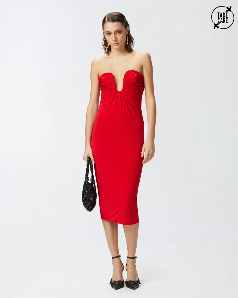 Red sleeveless knee length jersey dress