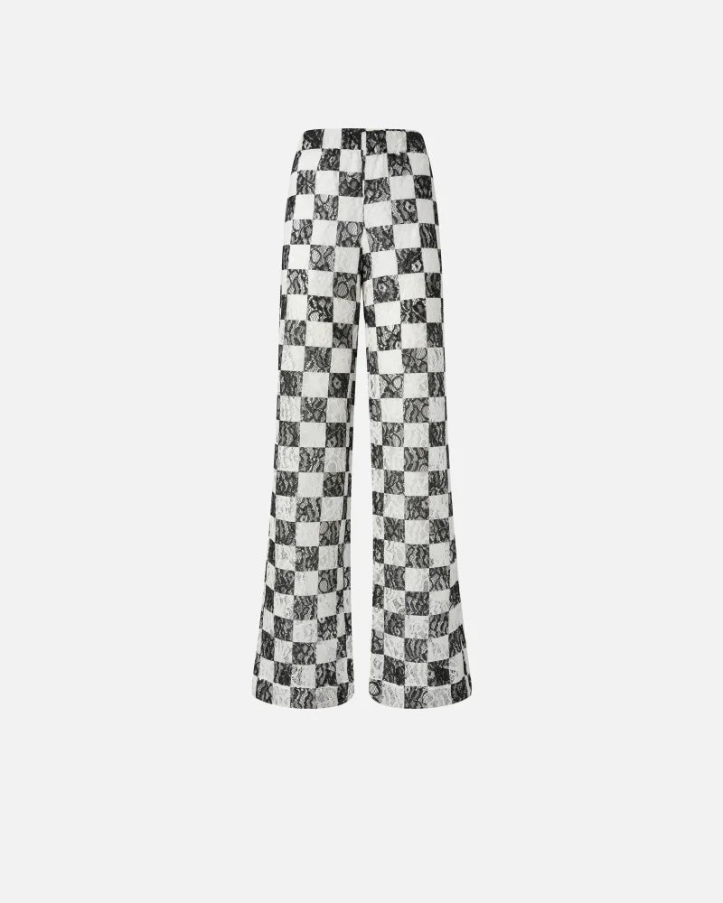 Black and white checkered lace wide leg trousers