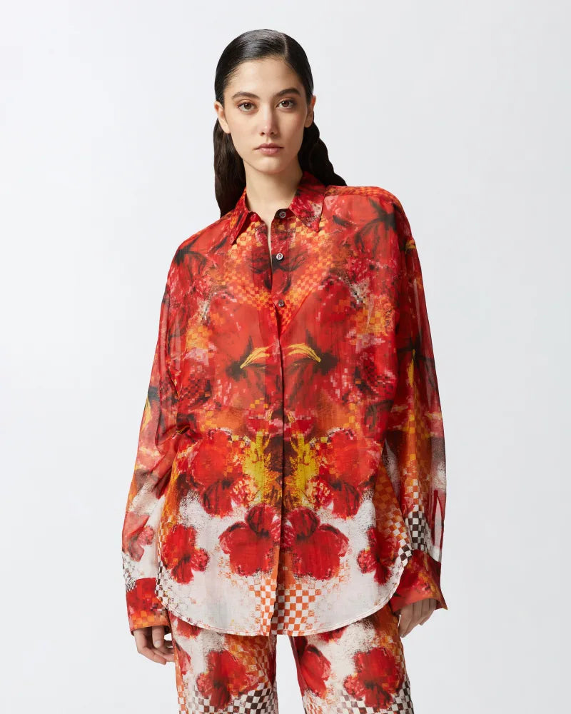 Red multi print silk cotton long sleeve shirt
