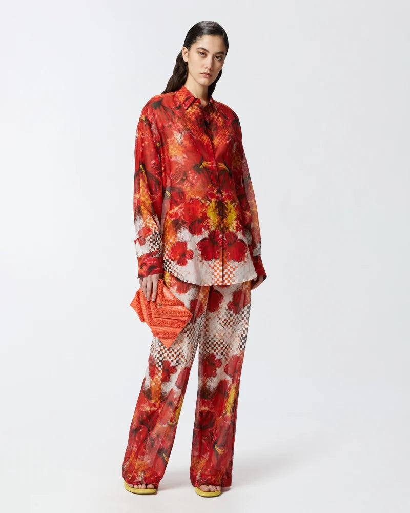 Red multi print silk cotton long sleeve shirt