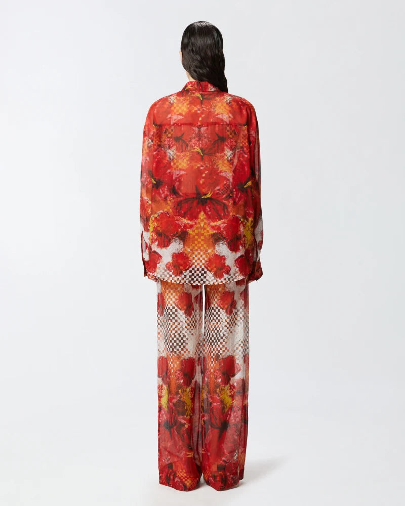 Red multi print silk cotton long sleeve shirt