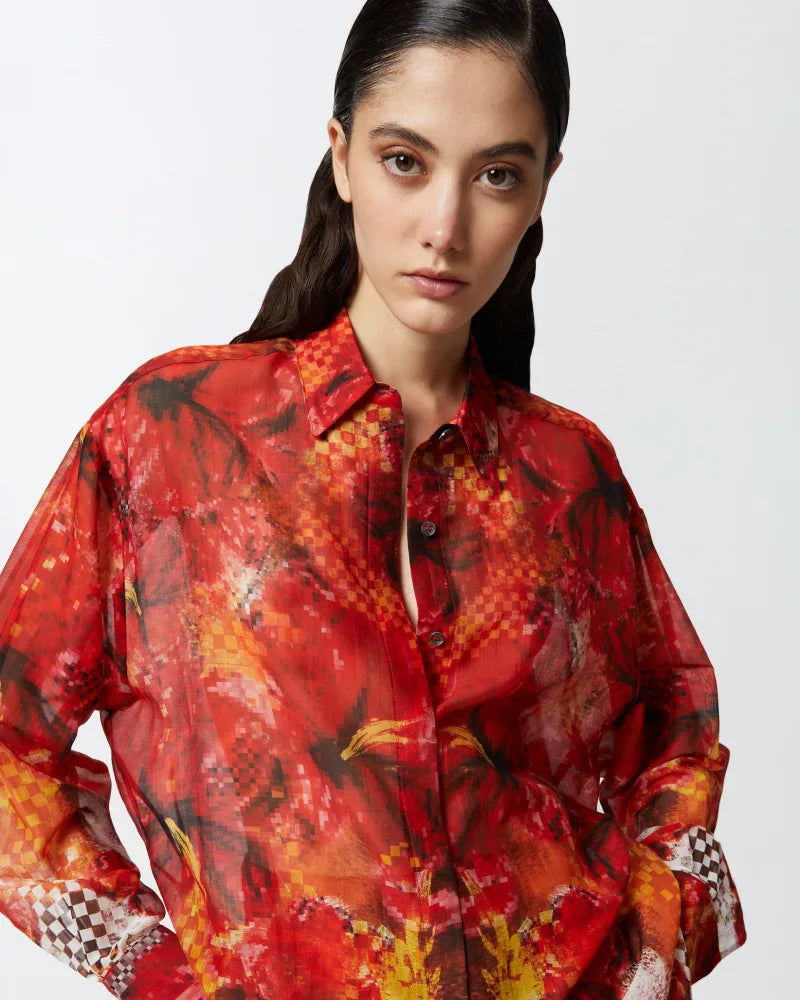 Red multi print silk cotton long sleeve shirt