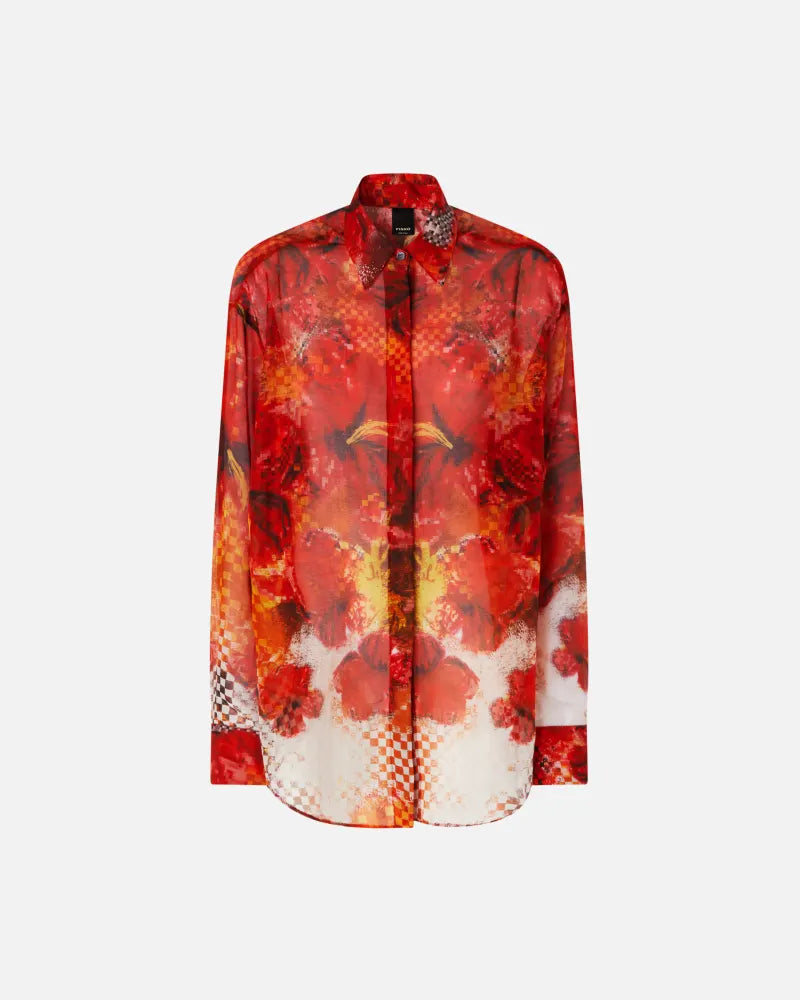 Red multi print silk cotton long sleeve shirt