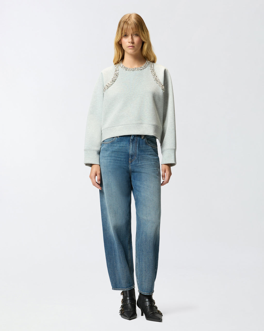 Grey sweatshirt with bejeweled embellishment