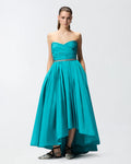 Blue teal high low taffeta dress with crystal belt