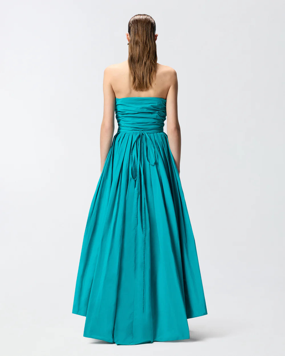 Blue teal high low taffeta dress with crystal belt