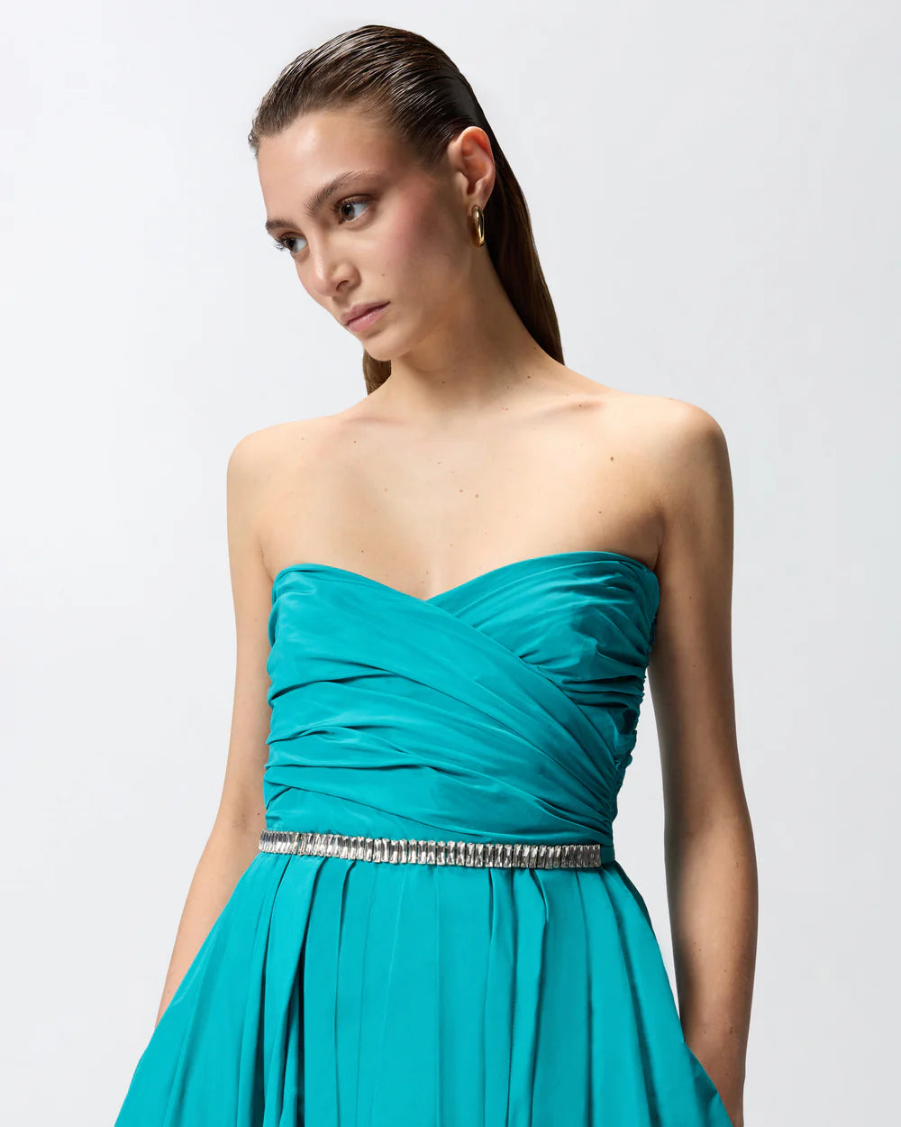Blue teal high low taffeta dress with crystal belt