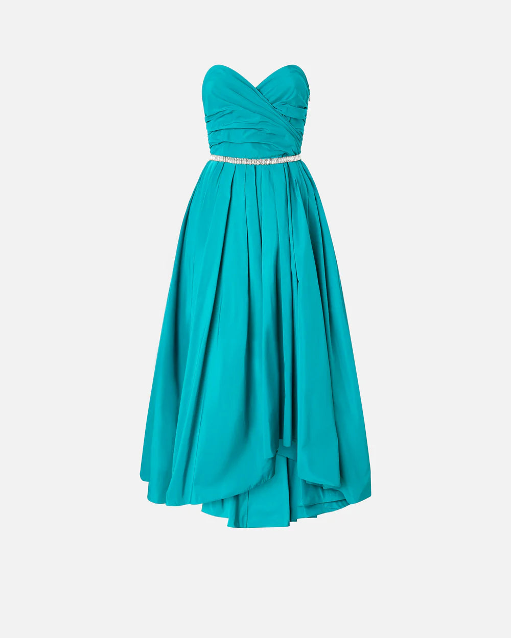 Blue teal high low taffeta dress with crystal belt