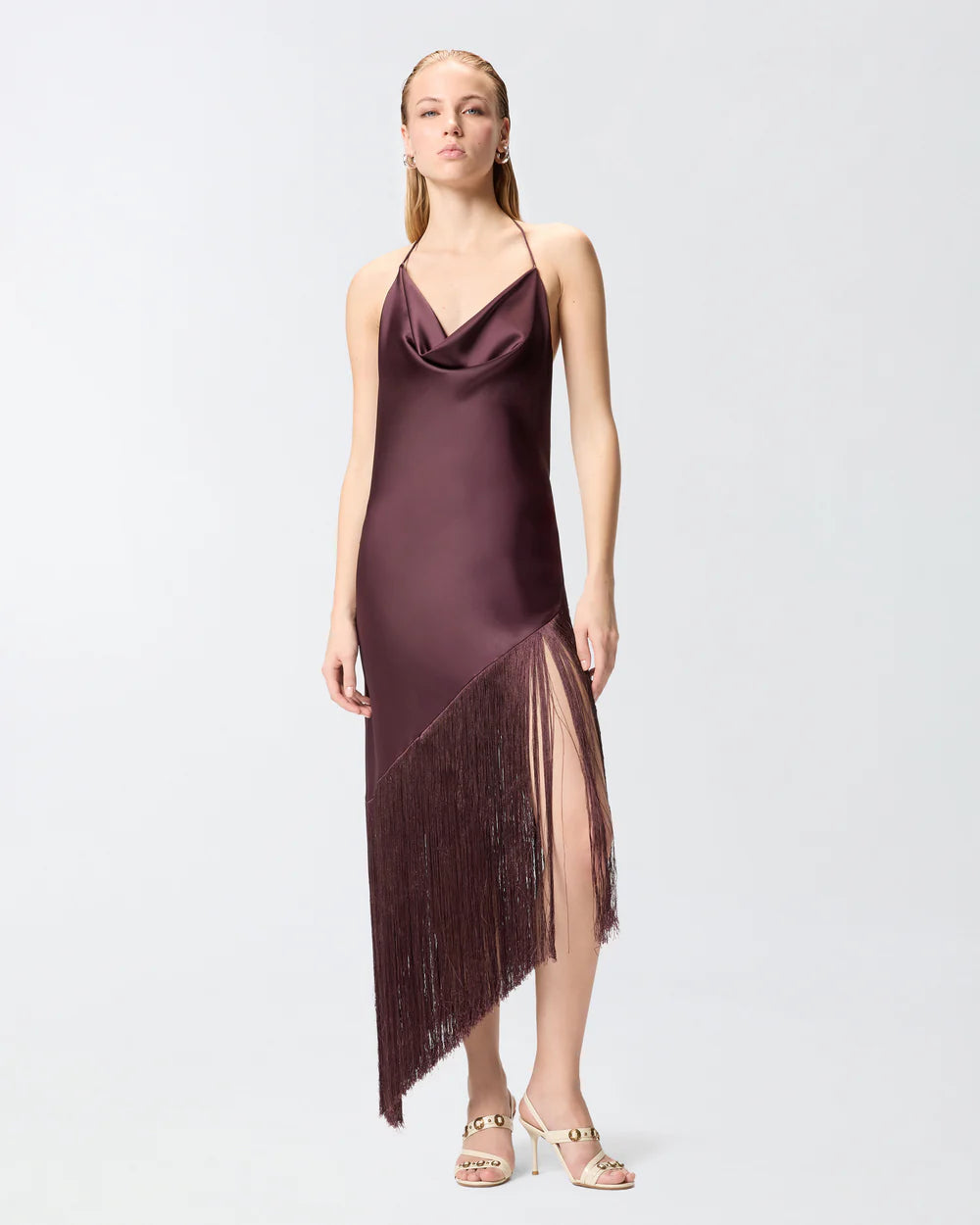 Chocolate asymmetrical fringe halter silk satin dress