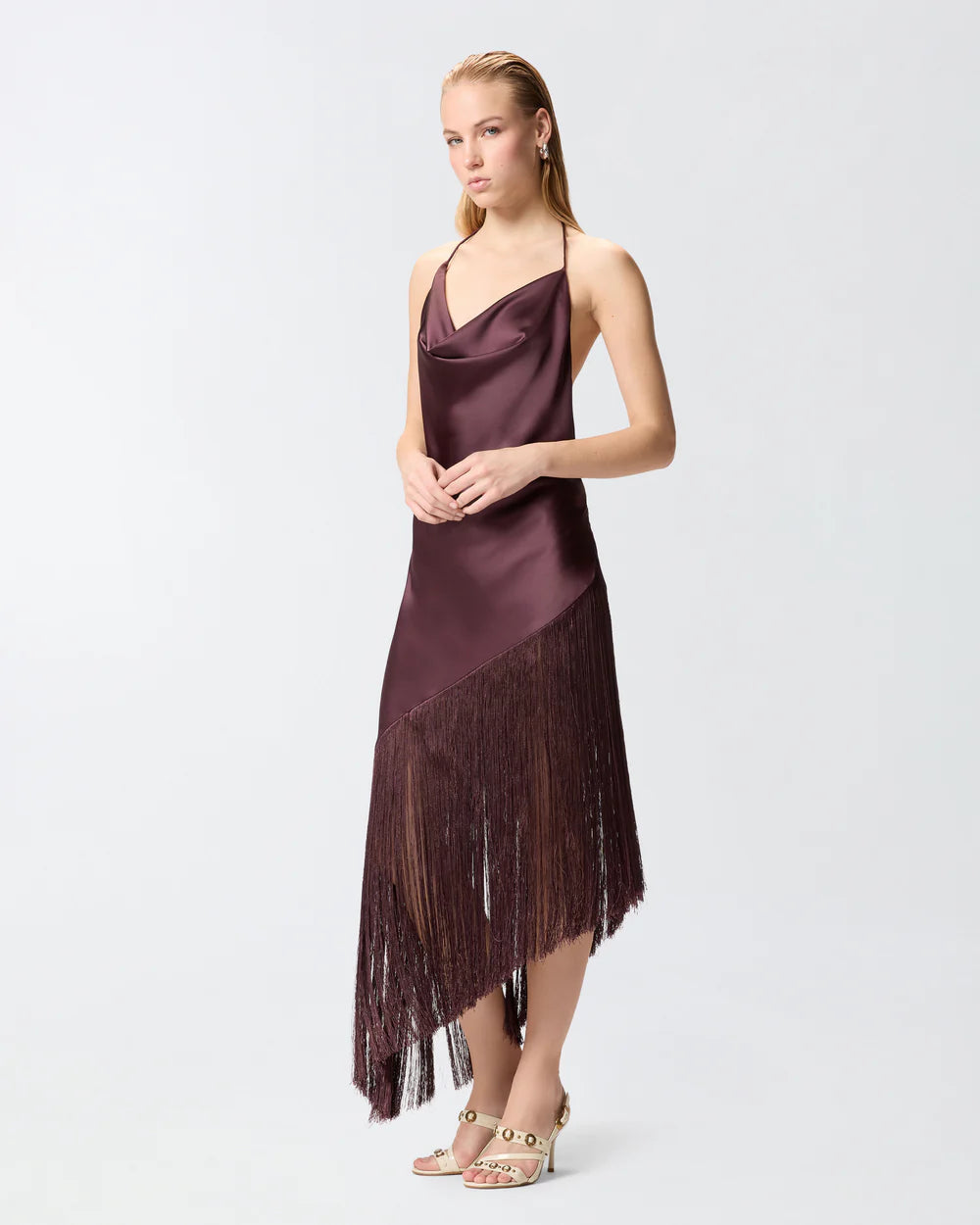 Chocolate asymmetrical fringe halter silk satin dress