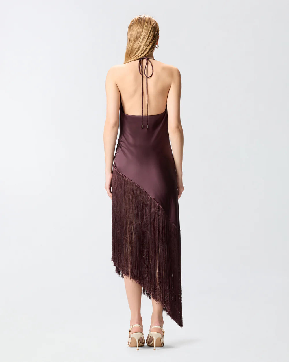 Chocolate asymmetrical fringe halter silk satin dress
