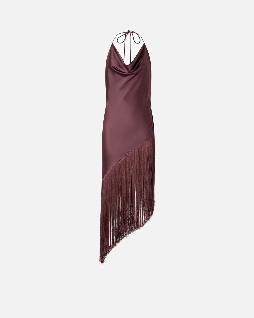 Chocolate asymmetrical fringe halter silk satin dress