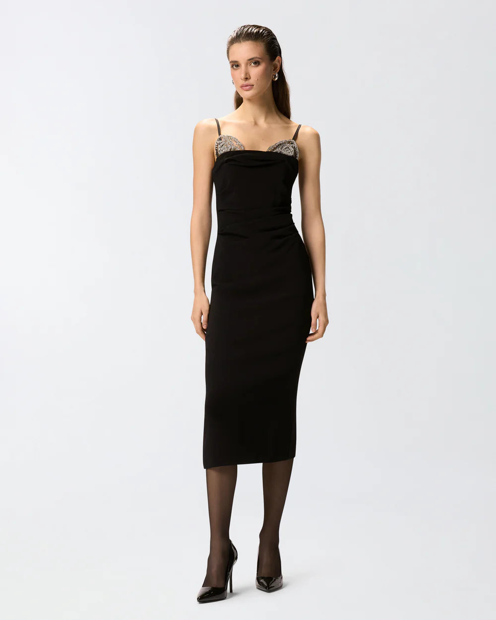 Black slim fit midi dress with jewel embroidery