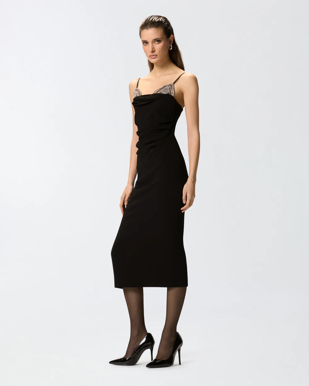 Black slim fit midi dress with jewel embroidery