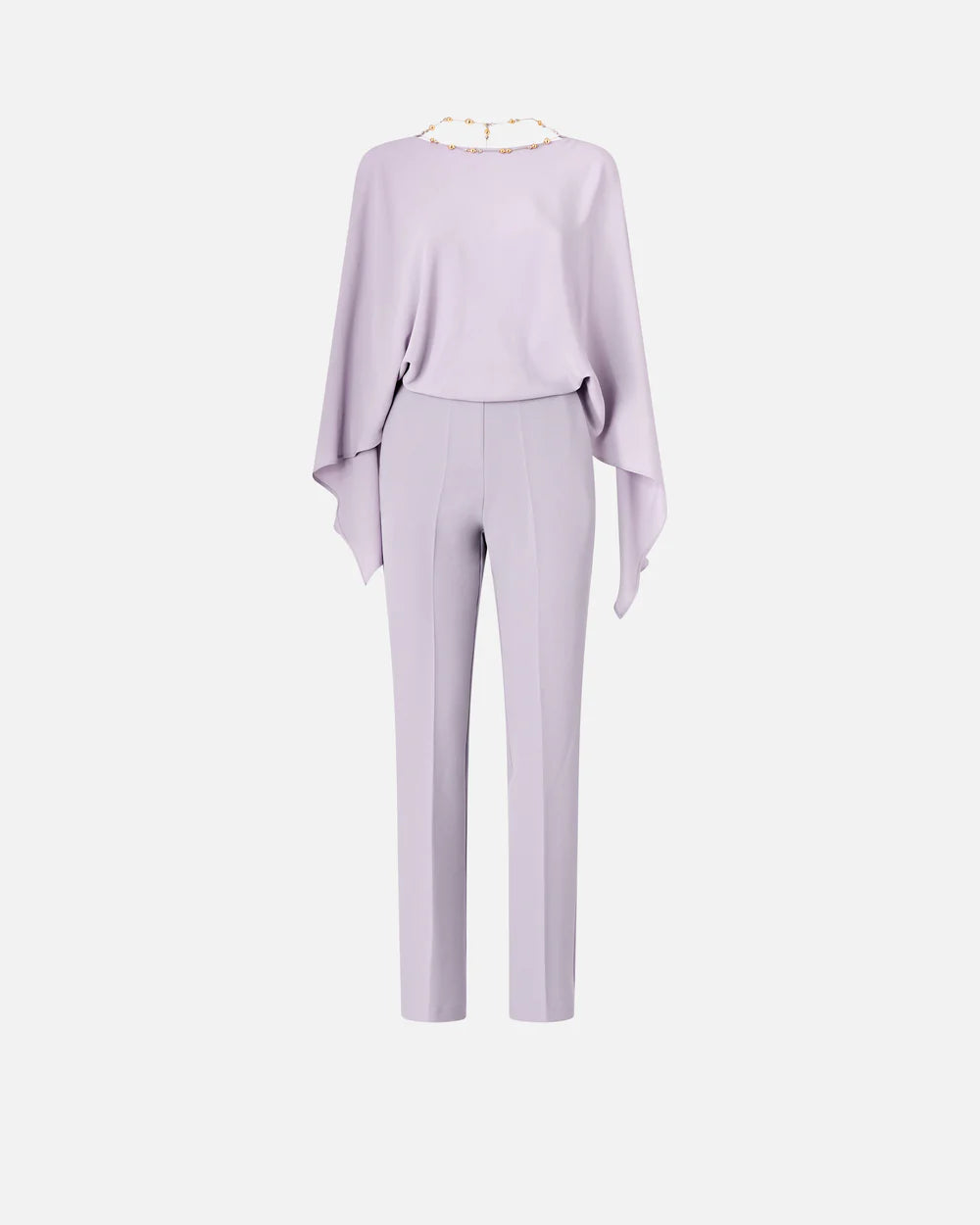 Lilac jumpsuit with open back and jeweled necklace