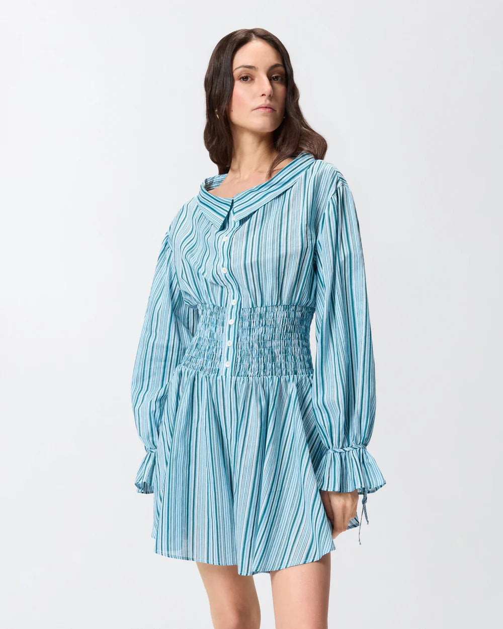 Blue striped cotton long sleeve romper