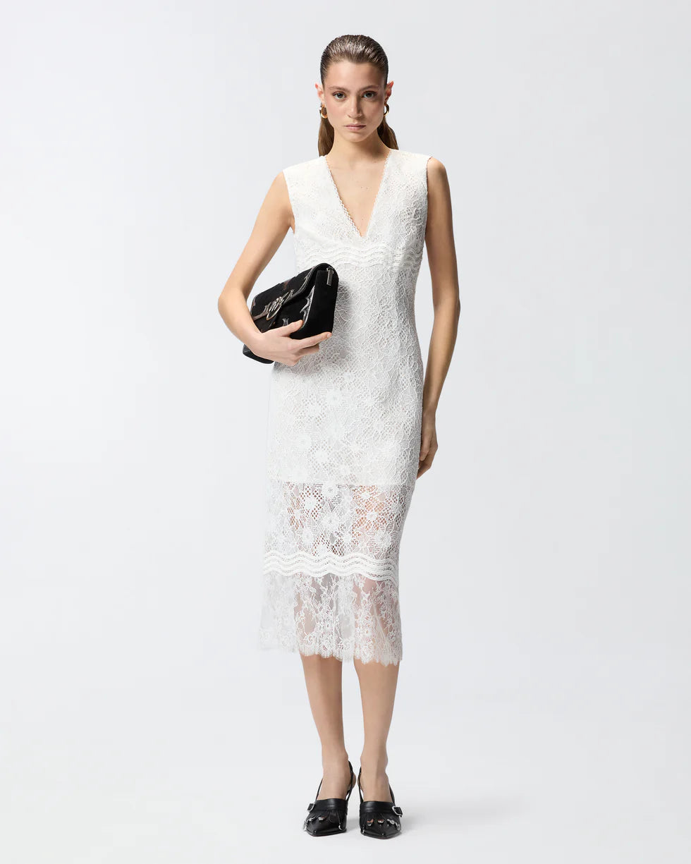 White sleeveless lace midi dress
