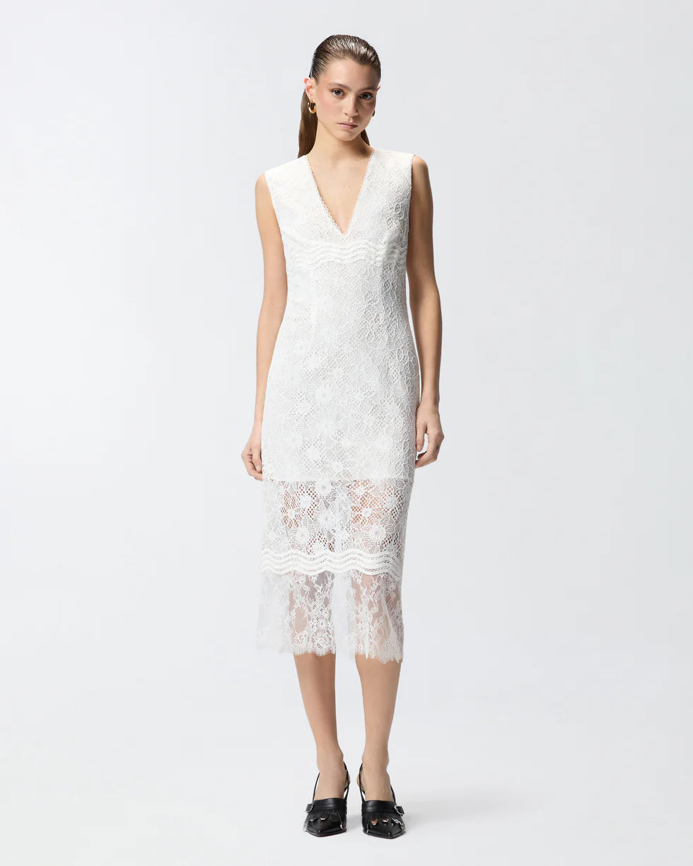 White sleeveless lace midi dress