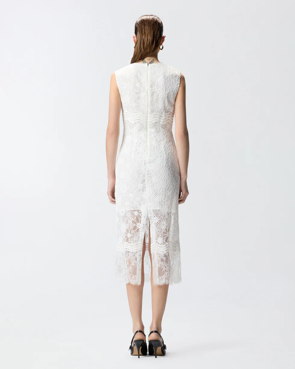 White sleeveless lace midi dress