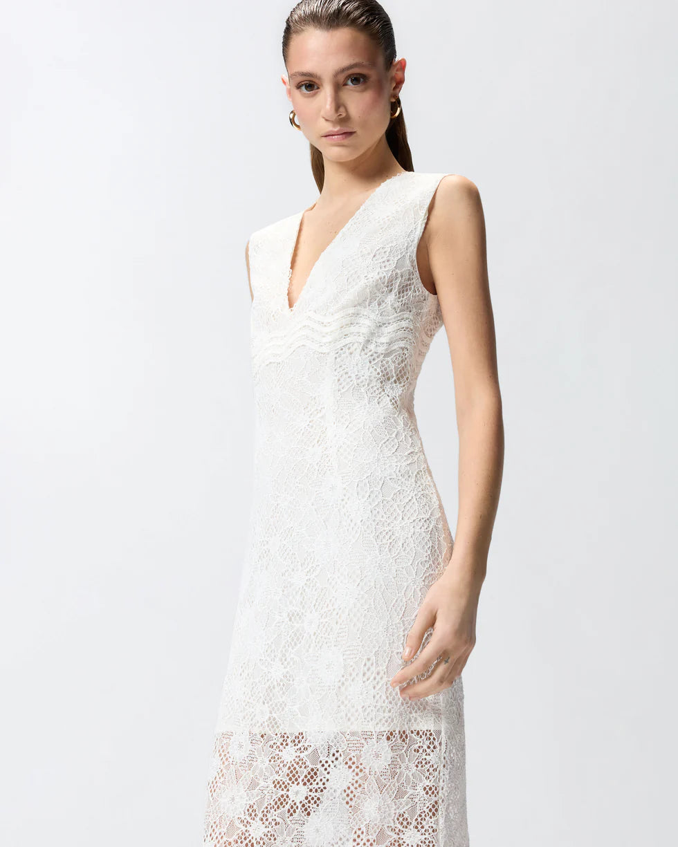 White sleeveless lace midi dress