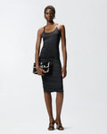 Black jersey midi dress with leather straps