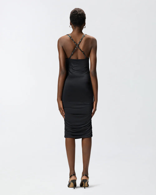 Black jersey midi dress with leather straps