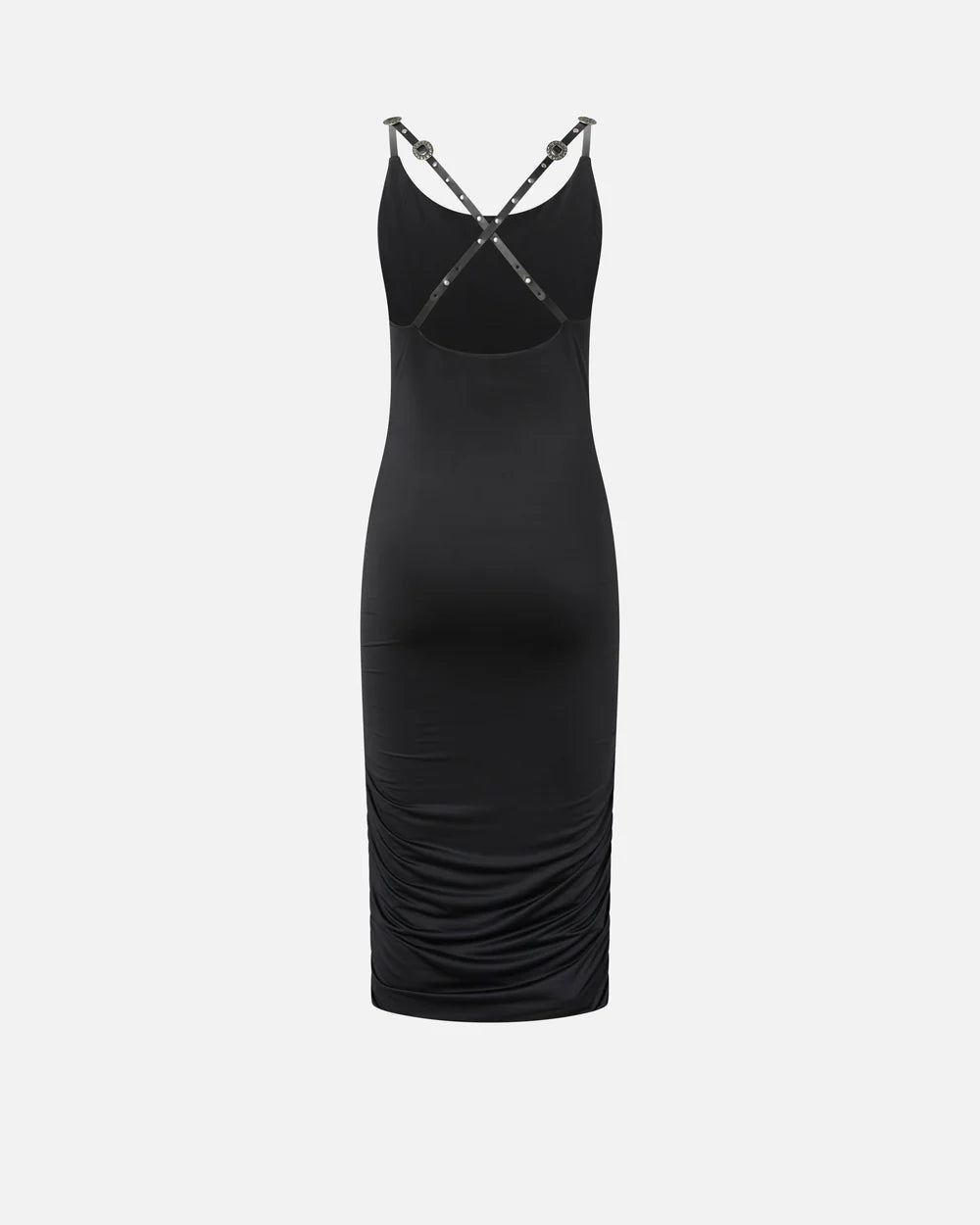 Black jersey midi dress with leather straps