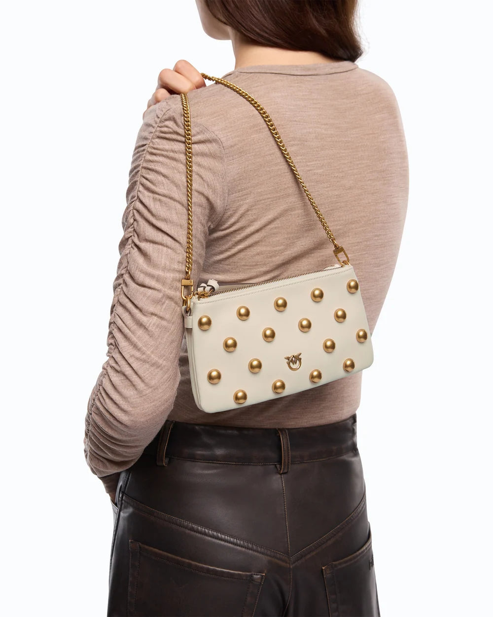 Ivory mini double crossbody bag with maxi antique gold studs