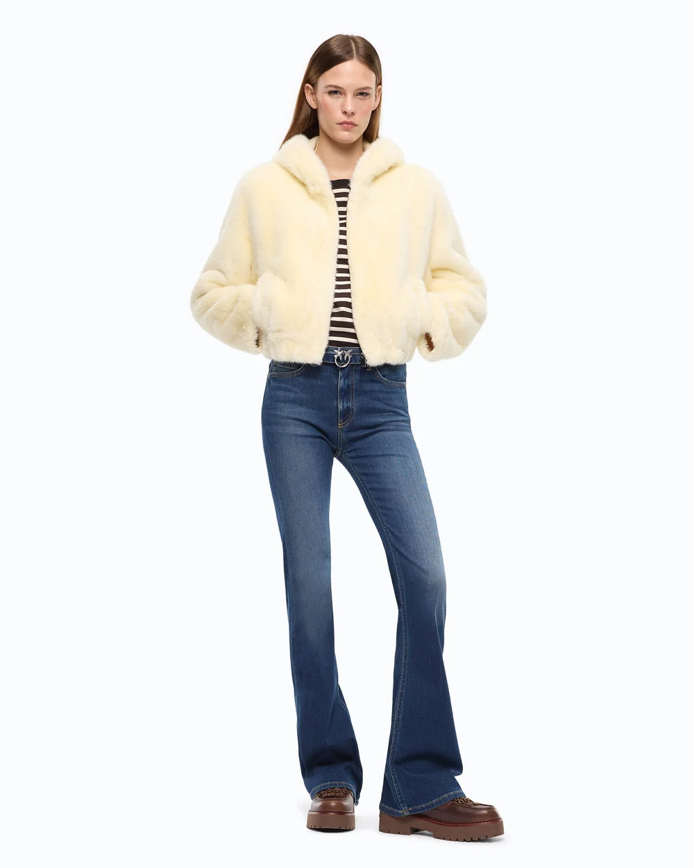 Ivory faux fur cropped jacket with a hood