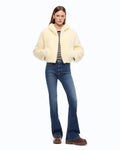 Ivory faux fur cropped jacket with a hood